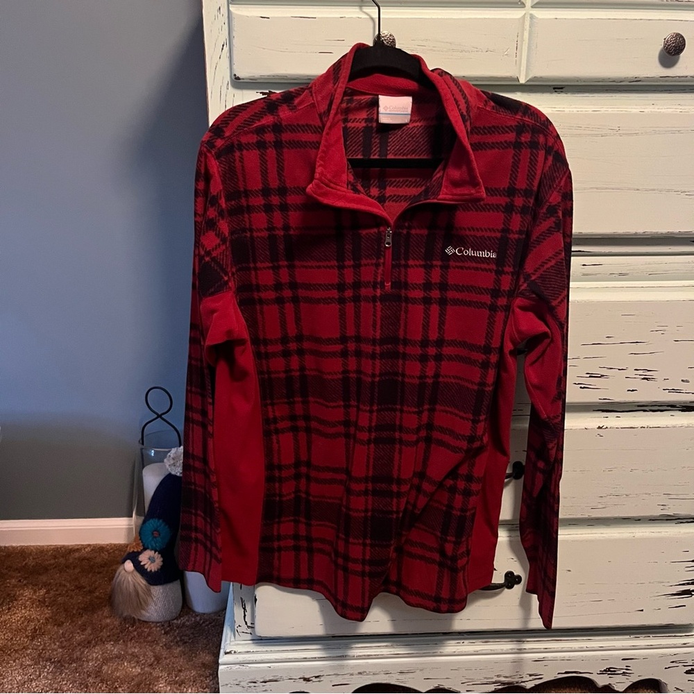 Columbia Women’s Red and Black Checkered Quarter Zip fleece.
